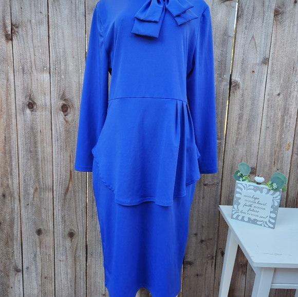 Women's Tie Neck Peplum Waist Long Sleeve Bodycon Business Midi Dress With Bow - Picture 2 of 6